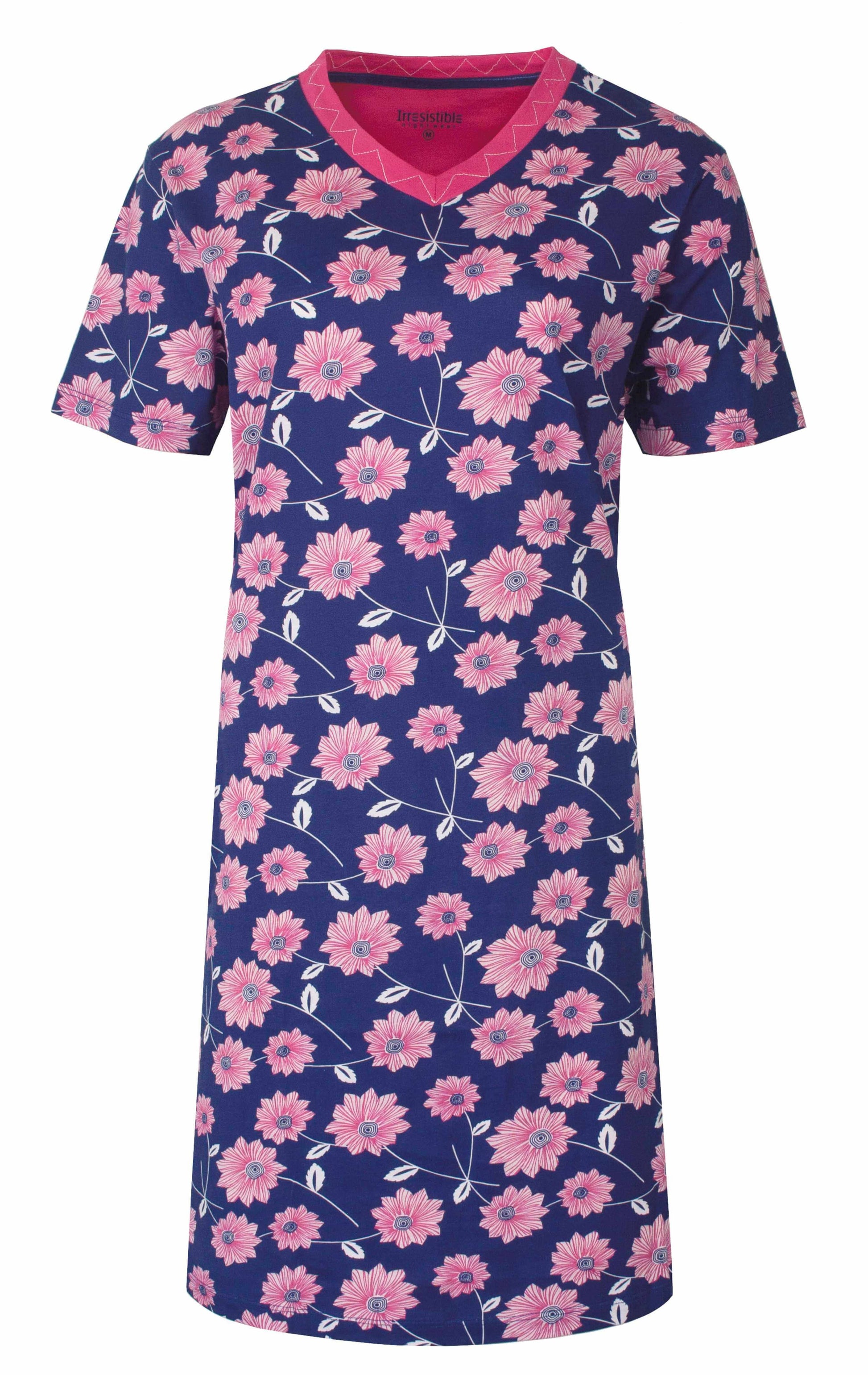 Blauw katoenen nachthemd met roze bloemenprint, korte mouwen en V-hals van het