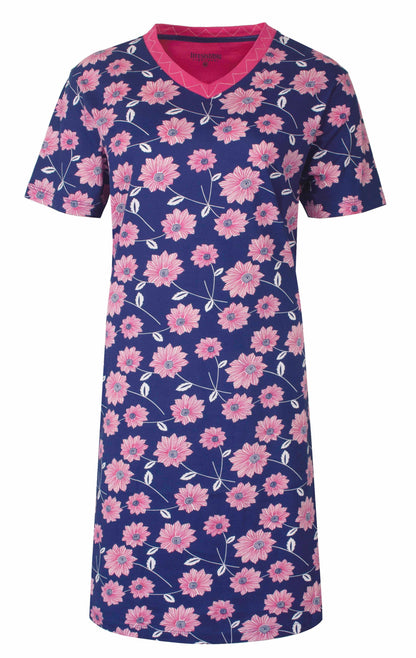 Blauw katoenen nachthemd met roze bloemenprint, korte mouwen en V-hals van het