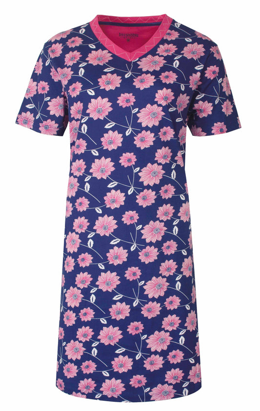Blauw katoenen nachthemd met roze bloemenprint, korte mouwen en V-hals van het