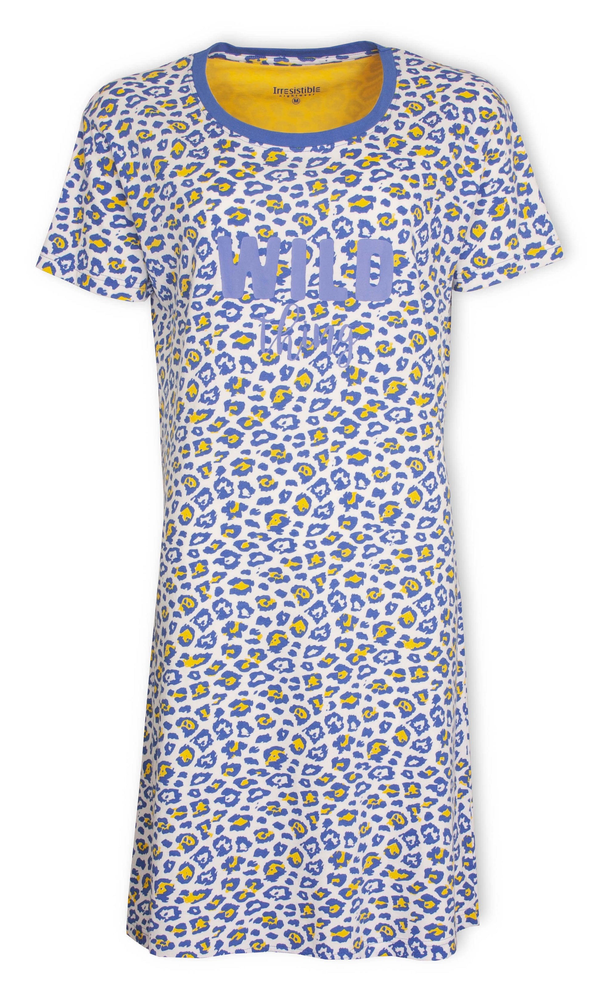 Blauw katoenen nachthemd met geel-blauw panterprint en 'WILD' opdruk, ronde hals en korte mouwen