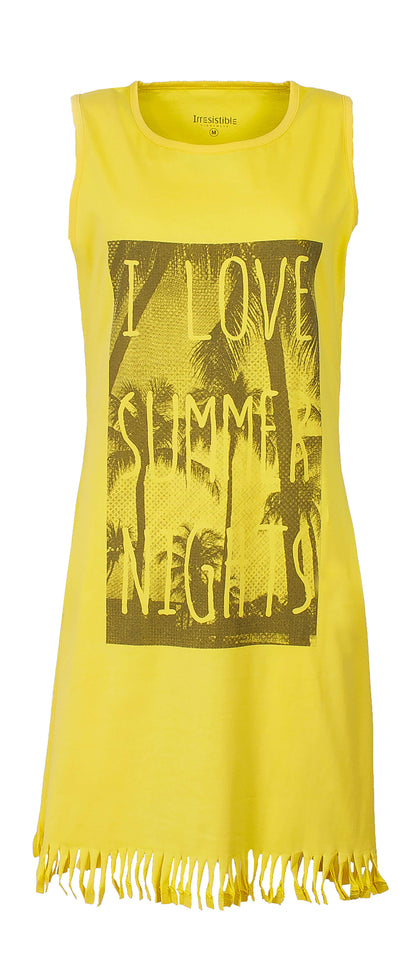 Geel mouwloos nachthemd met 'I love summer nights' print en franjes aan de onderkant, gemaakt van 100% katoen