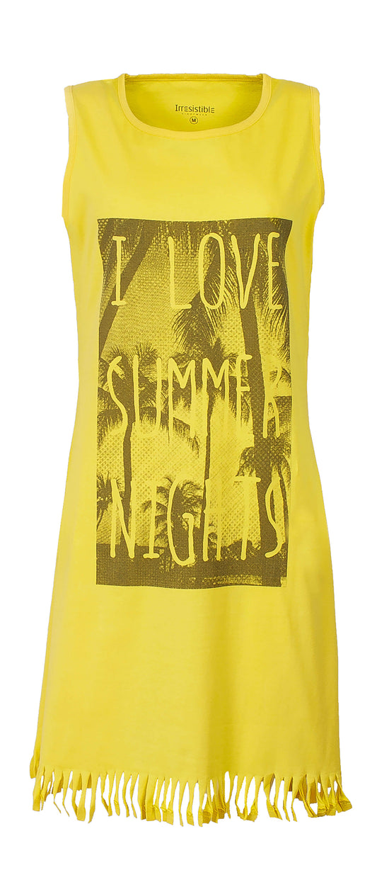Geel mouwloos nachthemd met 'I love summer nights' print en franjes aan de onderkant, gemaakt van 100% katoen
