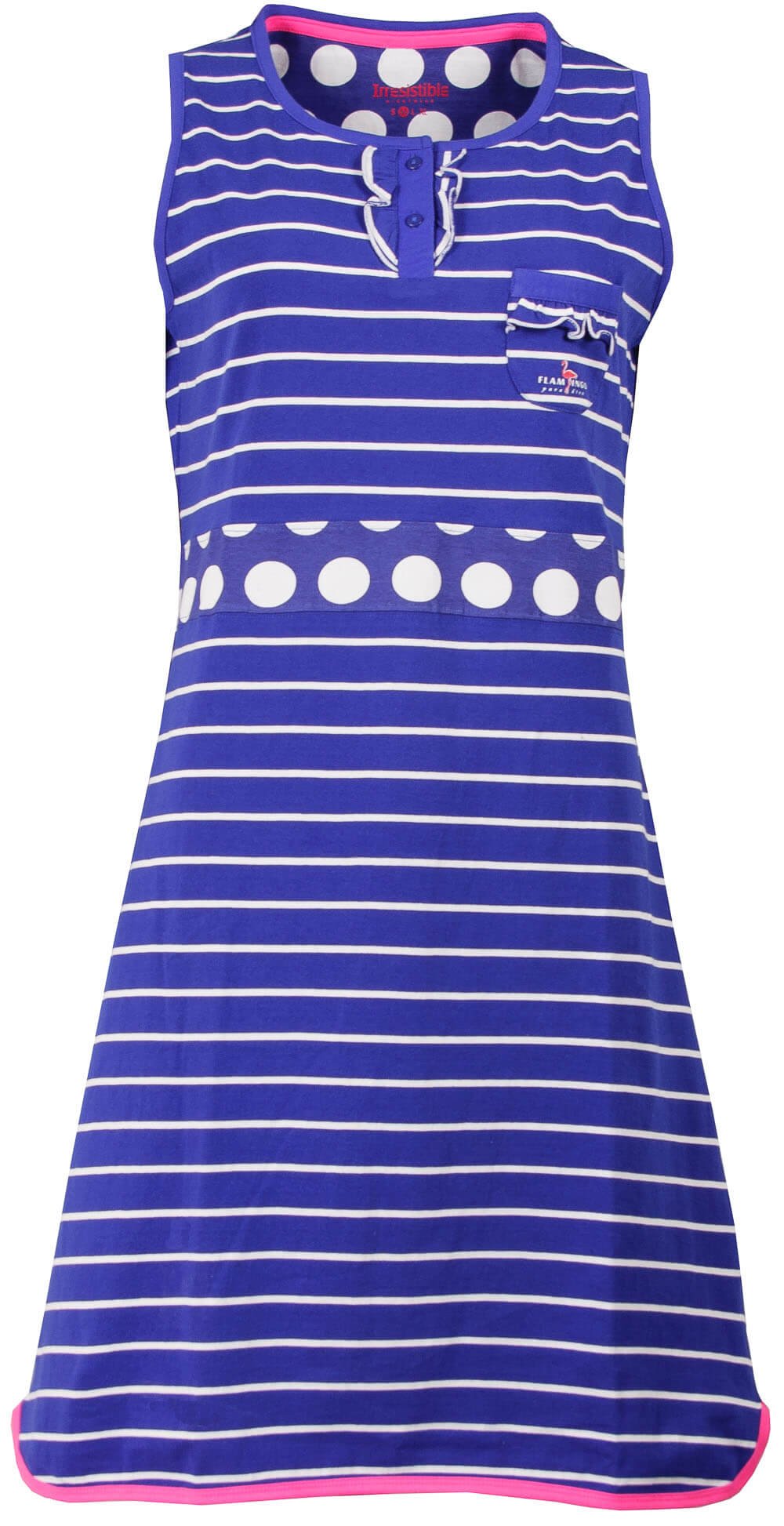 Blauw gestreept mouwloos nachthemd met witte stippen, polosluiting en roze accenten aan de hals en zoom.