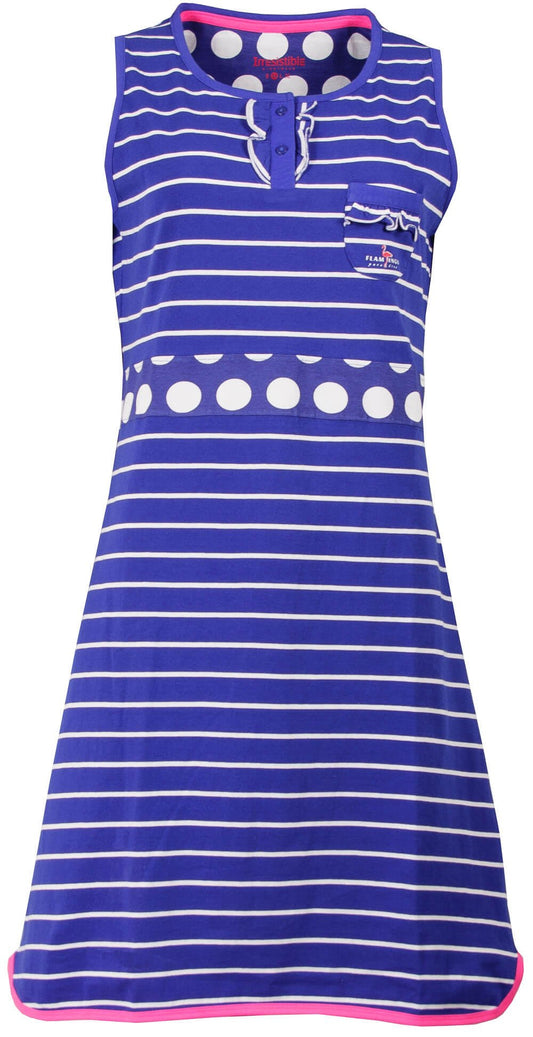 Blauw gestreept mouwloos nachthemd met witte stippen, polosluiting en roze accenten aan de hals en zoom.
