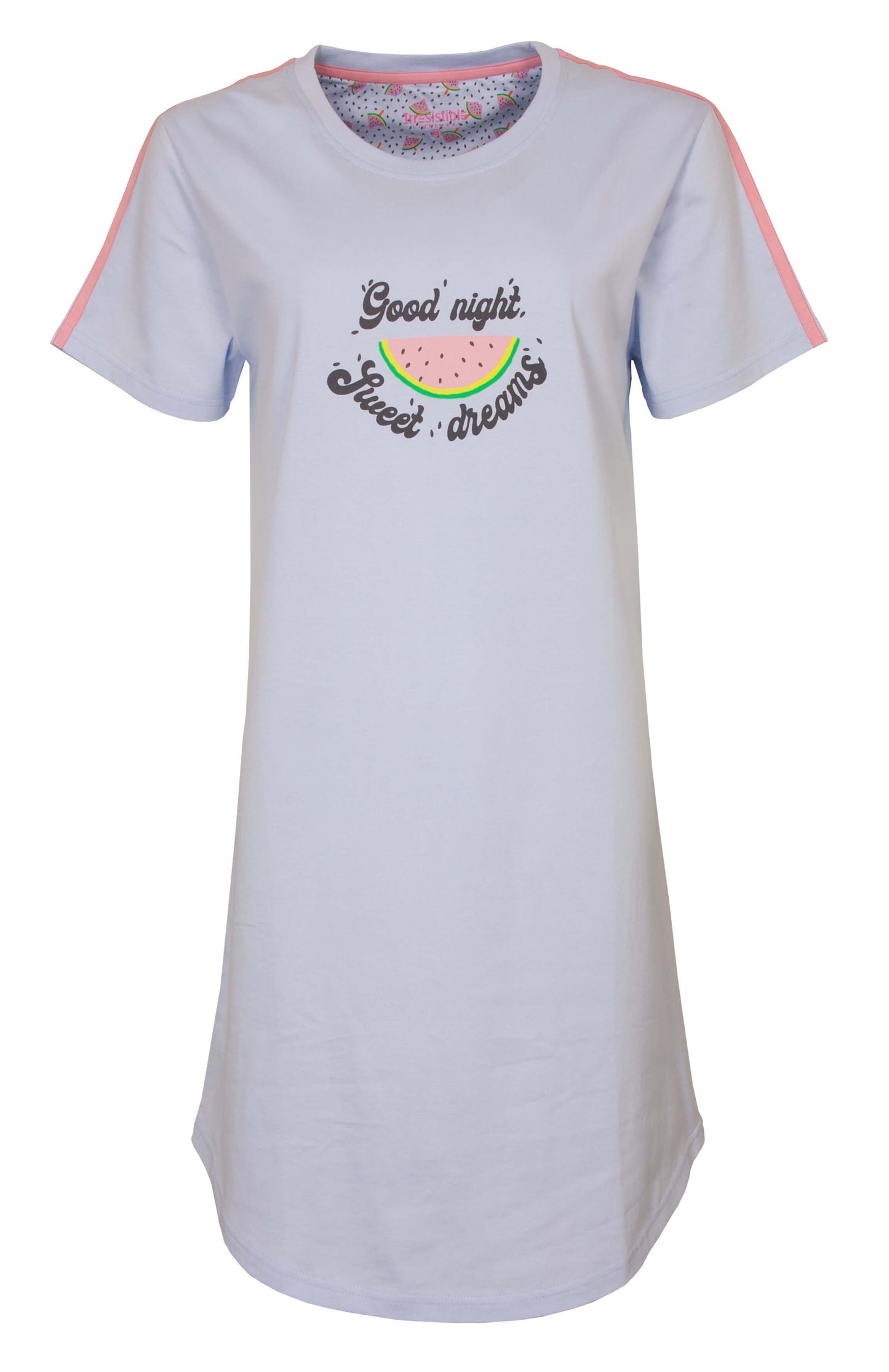 Lichtblauw nachthemd met 'Good night, sweet dreams' en watermeloen print, roze accenten en korte mouwen