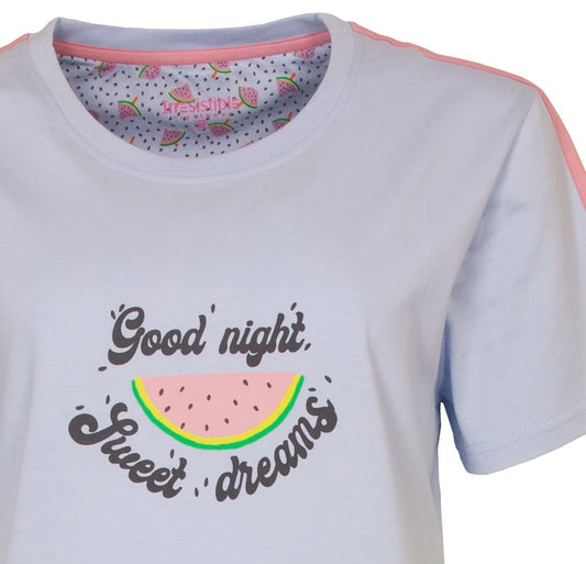 Lichtblauw nachthemd met 'Good night, sweet dreams' en watermeloen print, roze details en watermeloen binnenkant