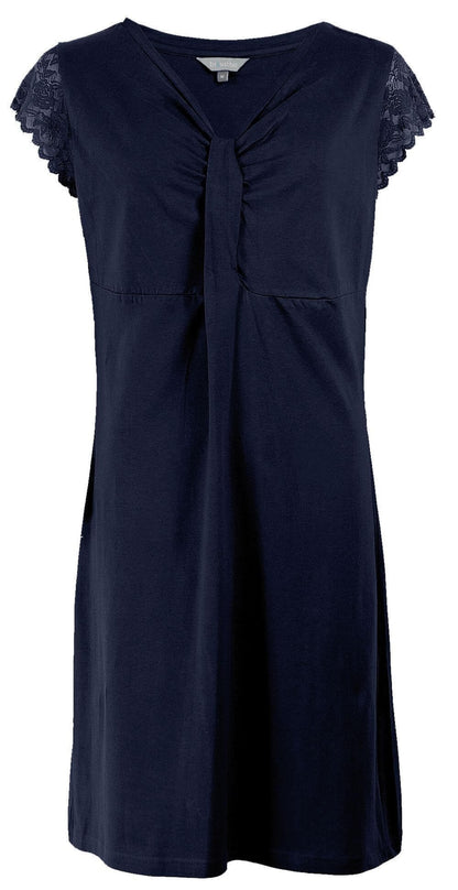Navy blauw nachthemd met korte kanten mouwen, V-hals met geknoopte detaillering en een losvallend silhouet.