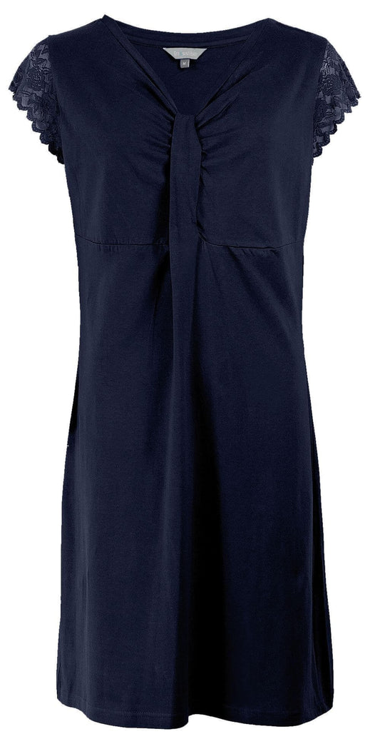 Navy blauw nachthemd met korte kanten mouwen, V-hals met geknoopte detaillering en een losvallend silhouet.