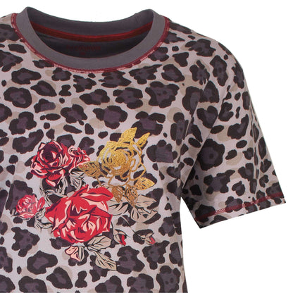 Grijs nachthemd met panterprint, rode bloemen en gouden accenten, korte mouwen en ronde hals.