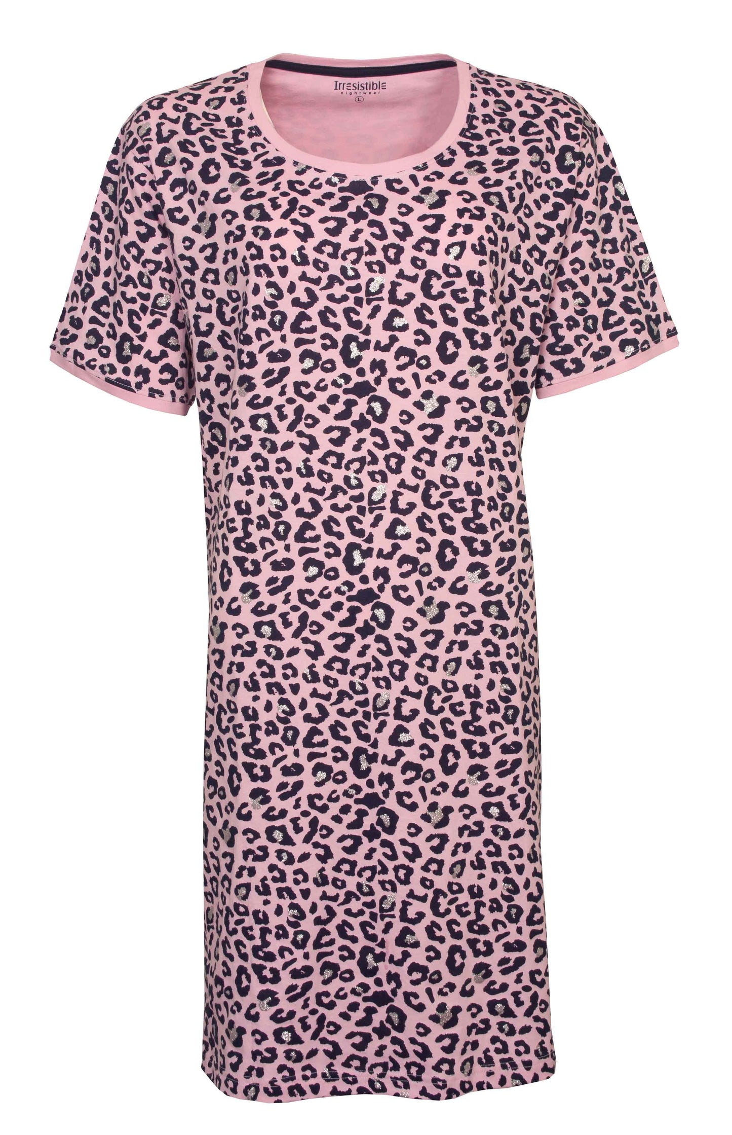 Roze nachthemd met zwarte panterprint, korte mouwen en ronde hals. Gemaakt van katoen met een lengte van 95 cm.