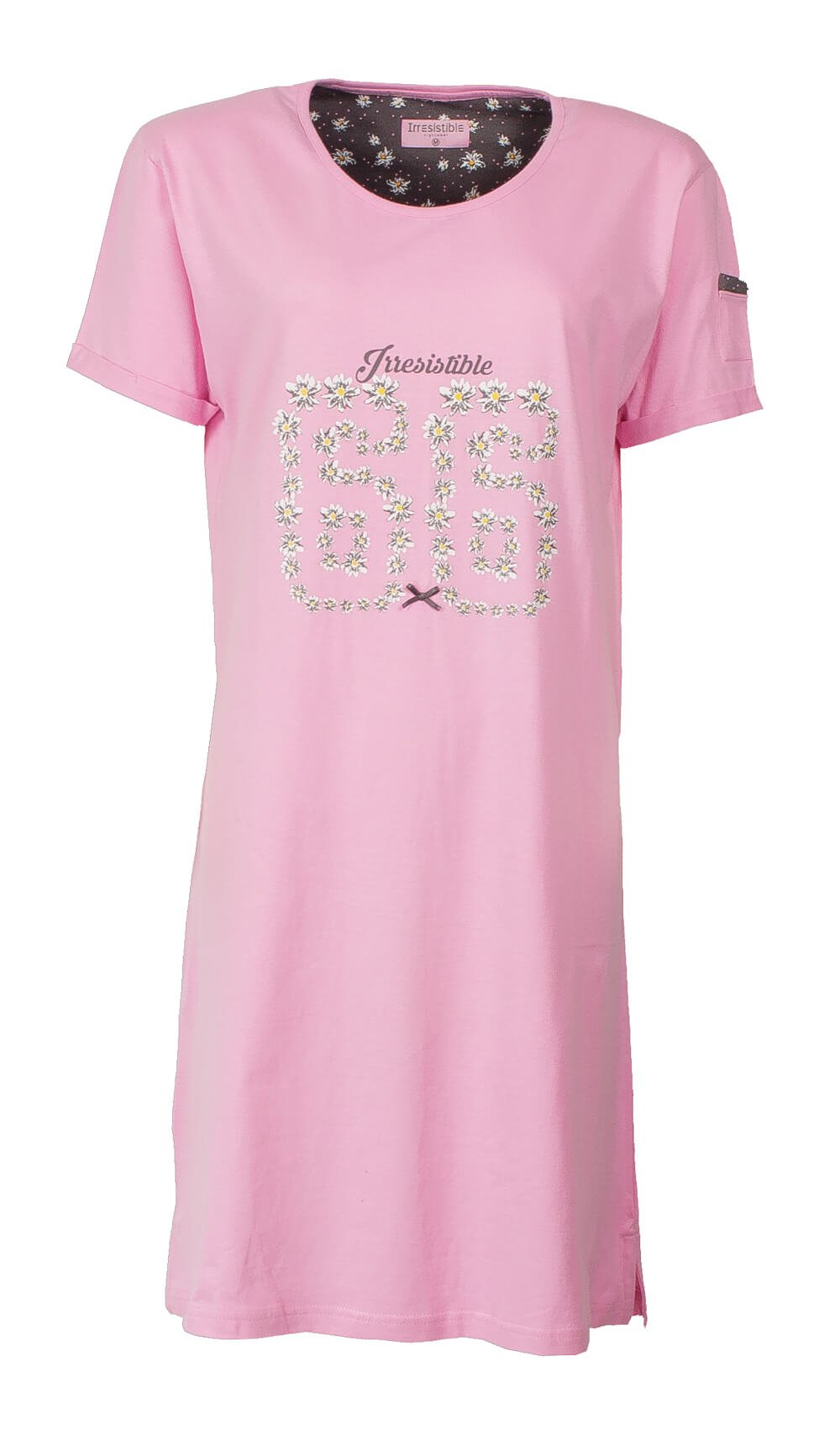 Roze katoenen nachthemd met ronde hals en bloemenprint '23' op de voorkant, merk Irresistible