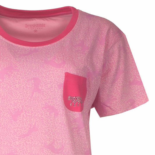 Roze katoenen nachthemd met panterprint, ronde hals, korte mouwen en borstzakje met strass kraaltjes