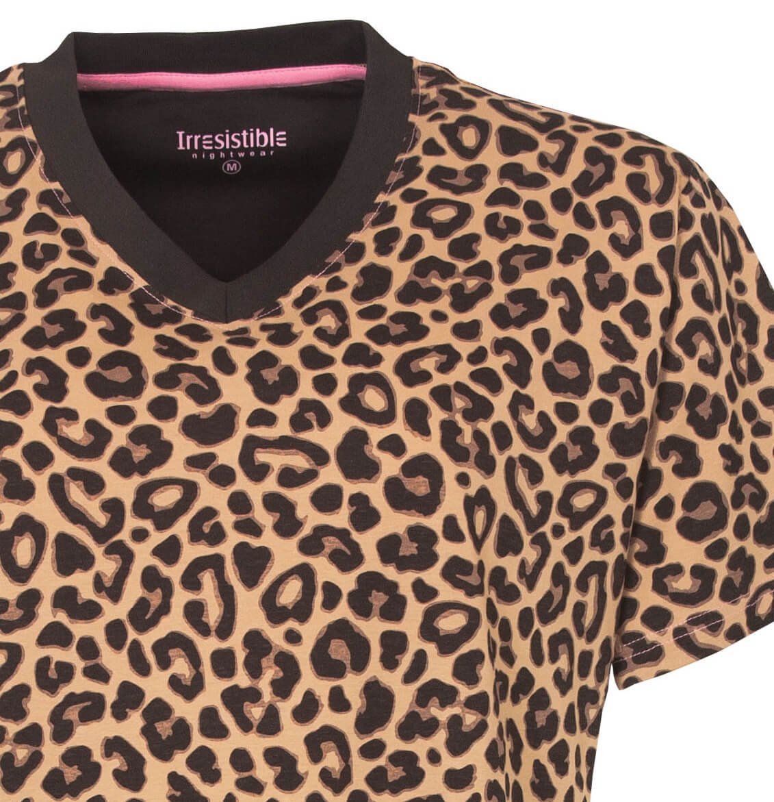 Dames nachthemd met luipaardprint in bruin en zwart, V-hals met zwarte bies, korte mouwen, merk Irresistible