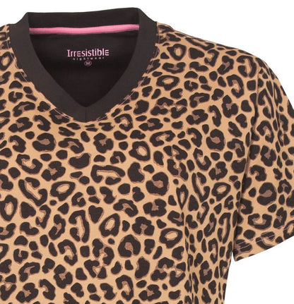 Dames nachthemd met luipaardprint in bruin en zwart, V-hals met zwarte bies, korte mouwen, merk Irresistible