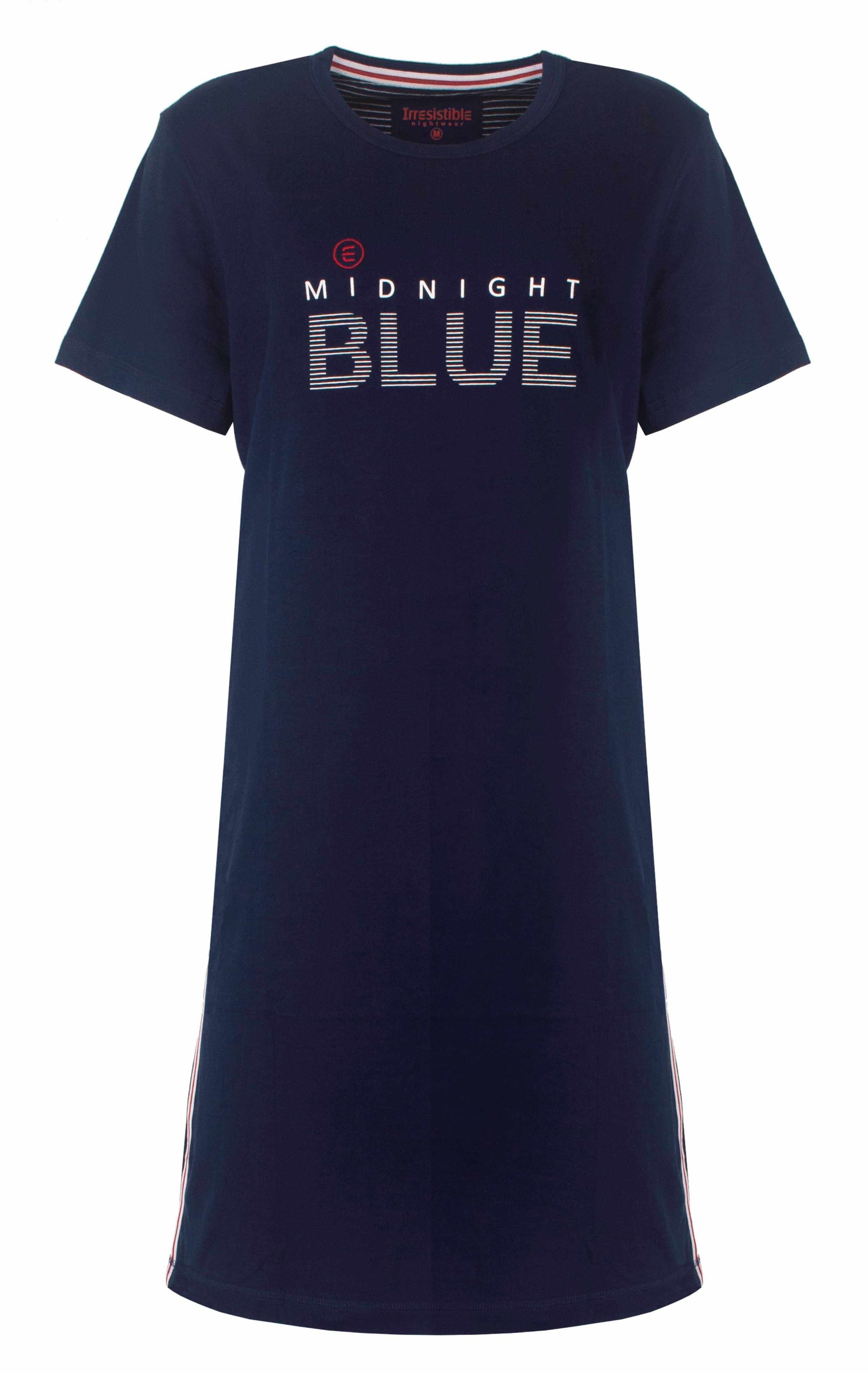 Donkerblauw nachthemd met korte mouwen en 'Midnight Blue' opdruk, merk Irresistible