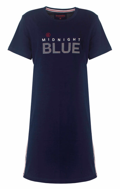 Donkerblauw nachthemd met korte mouwen en 'Midnight Blue' opdruk, merk Irresistible