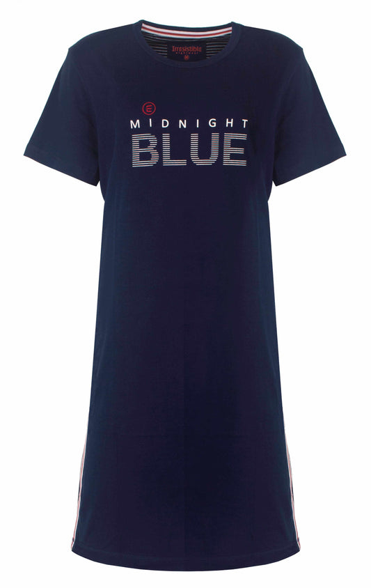 Donkerblauw nachthemd met korte mouwen en 'Midnight Blue' opdruk, merk Irresistible