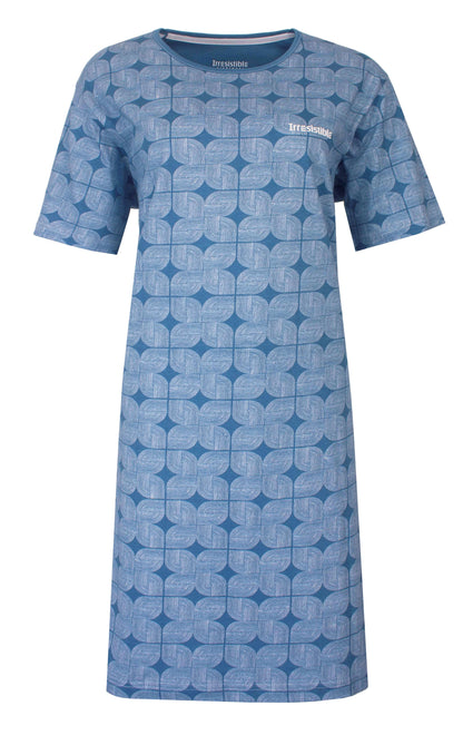 Blauw dames nachthemd met geometrisch bladpatroon, korte mouwen en ronde hals van het merk Irresistible