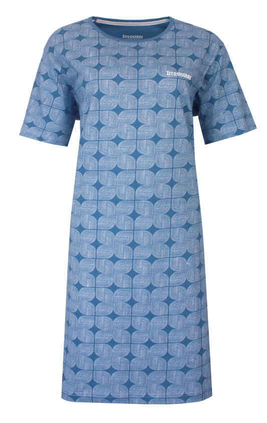 Blauw dames nachthemd met geometrisch bladpatroon, korte mouwen en ronde hals van het merk Irresistible