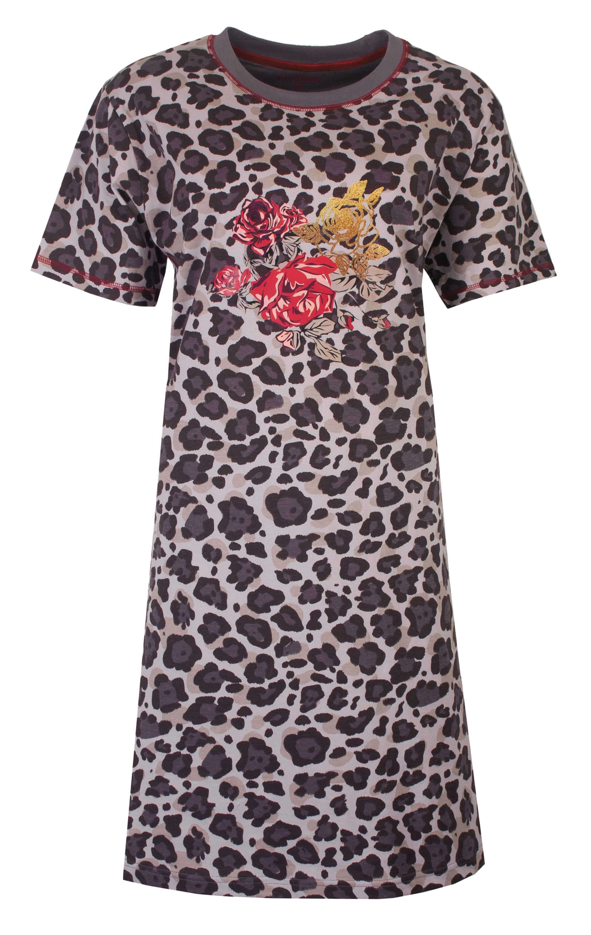 Grijs nachthemd met panterprint en rode bloemen, korte mouwen en ronde hals, merk Irresistible