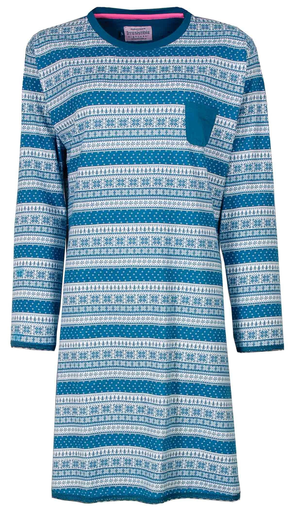 Blauw nachthemd wit nachthemd met Noorse print, lange mouwen, ronde hals en borstzakje