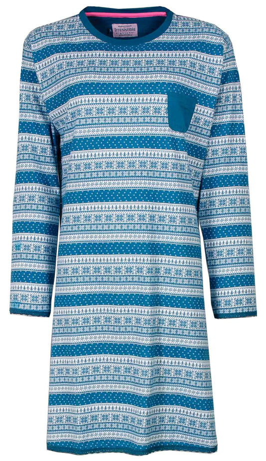 Blauw nachthemd wit nachthemd met Noorse print, lange mouwen, ronde hals en borstzakje