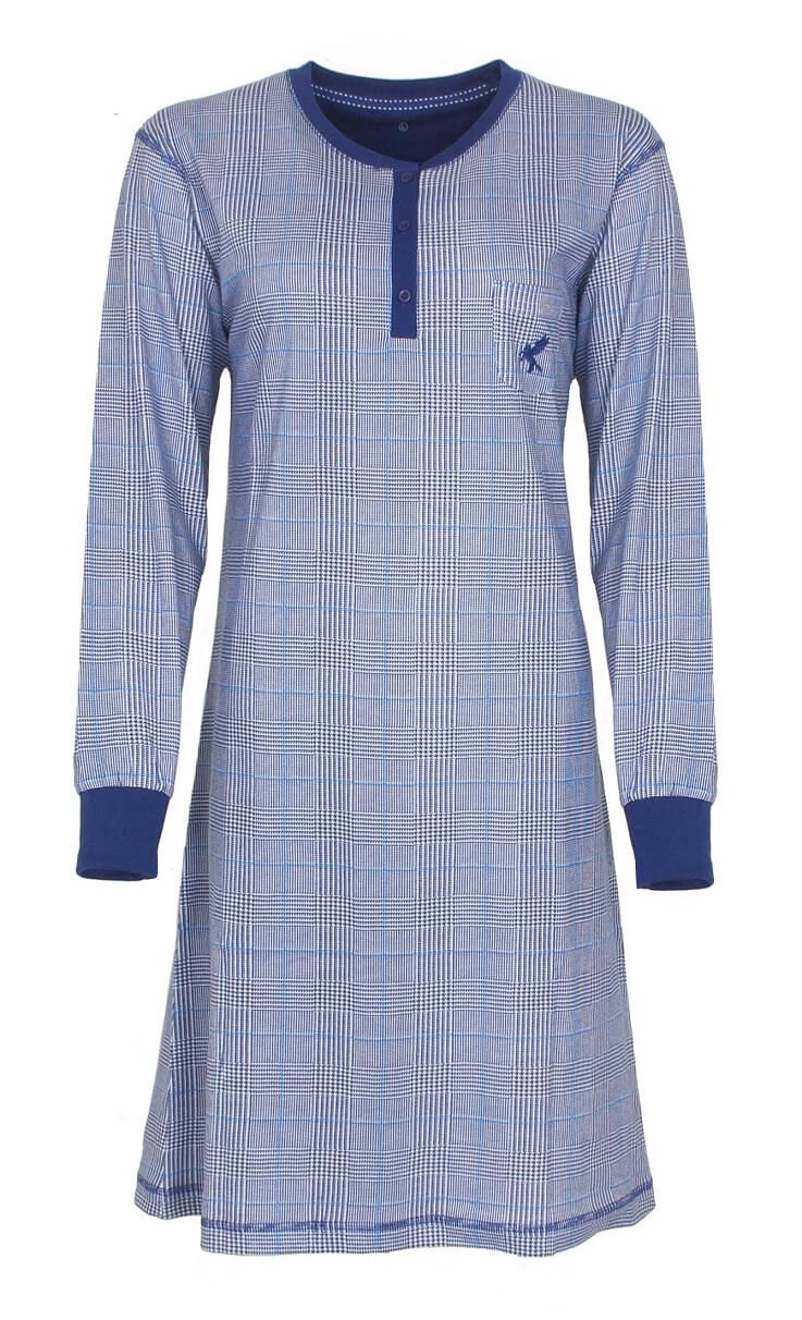 Blauw nachthemd met ruitjespatroon, lange mouwen, polosluiting en klein borstzakje met geborduurd logo.