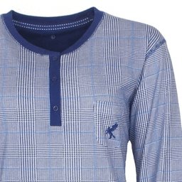 Blauw nachthemd met ruitjespatroon, polosluiting, lange mouwen en een klein borstzakje met geborduurd logo.