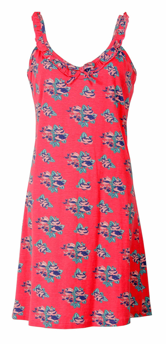 Rood dames nachthemd met bloemenprint, V-hals, strikje en verstelbare schouderbandjes met rimpelstrook