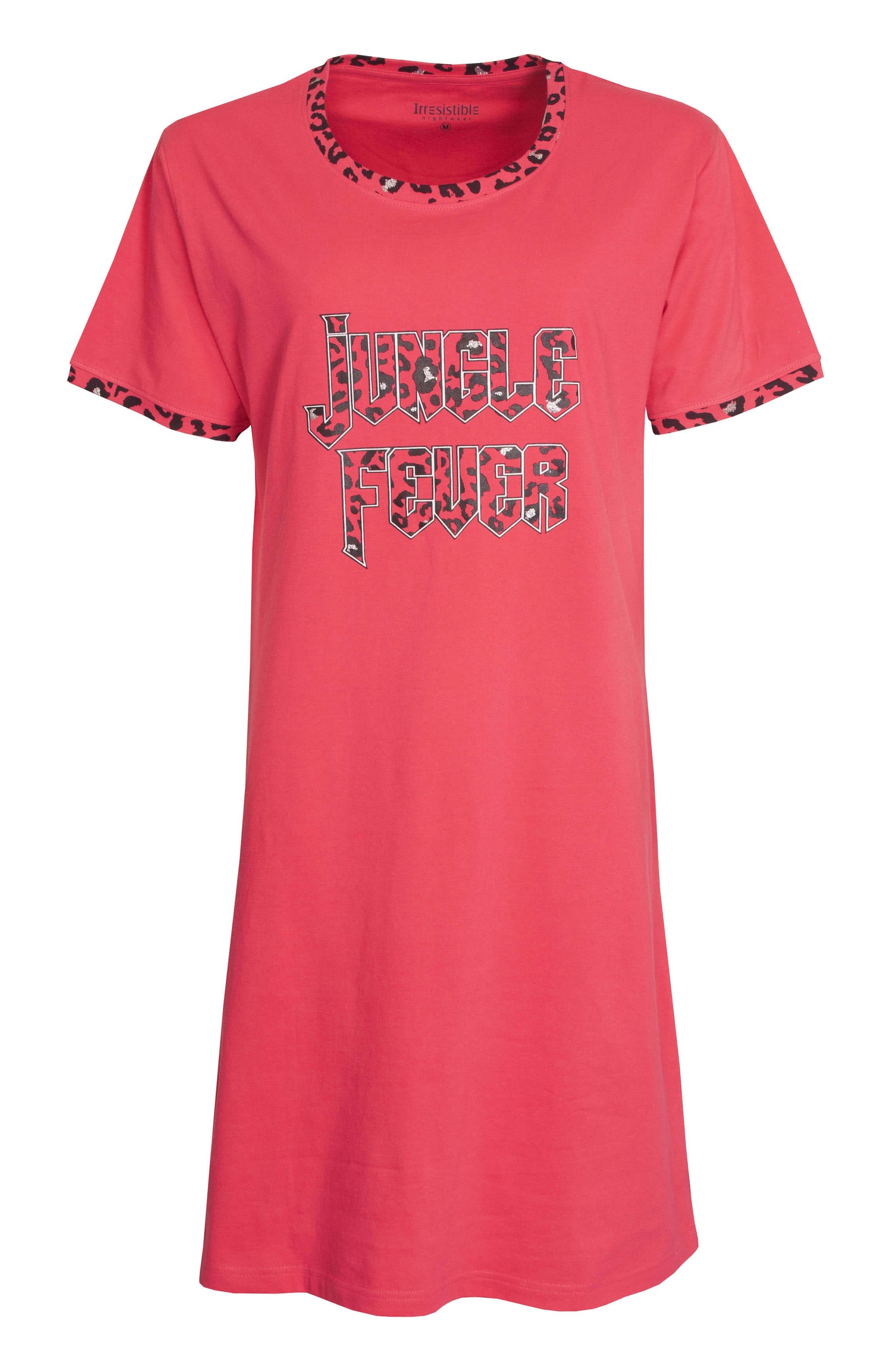 Rood dames nachthemd met 'Jungle Fever' opdruk en luipaard print details op de hals en mouwen