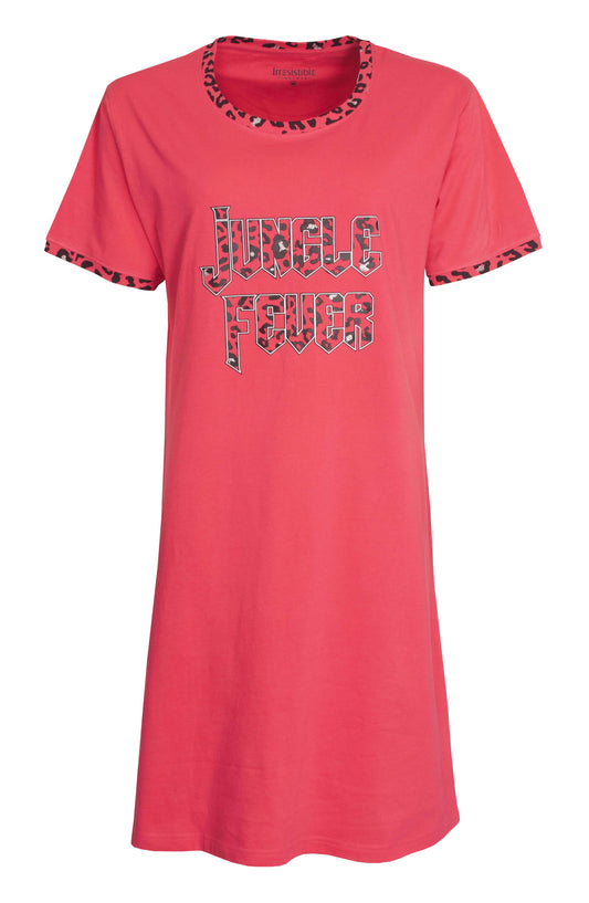 Rood dames nachthemd met 'Jungle Fever' opdruk en luipaard print details op de hals en mouwen