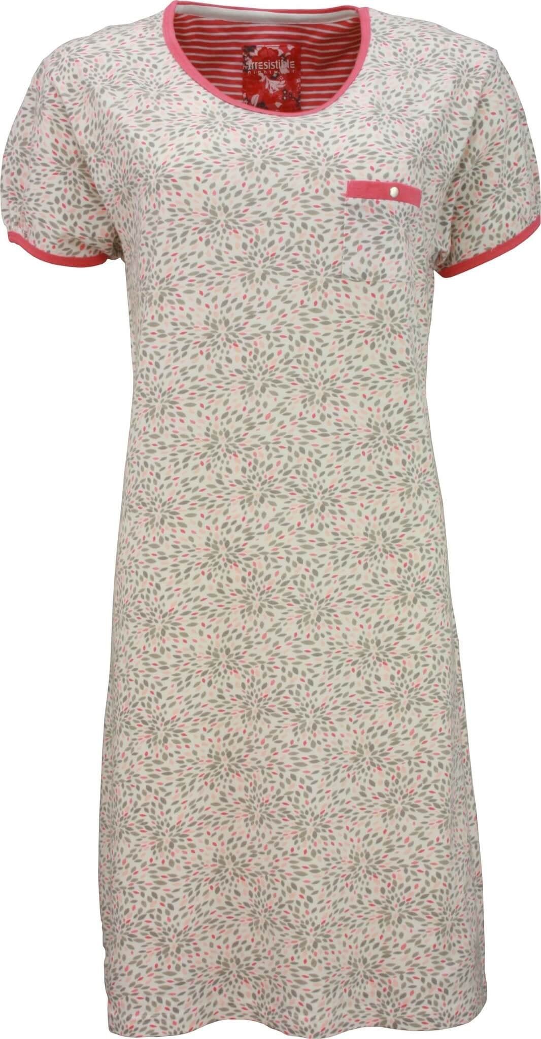 Rood dames nachthemd met bloemachtig patroon, roze biesjes en korte mouwen. Klein borstzakje met knoopje.