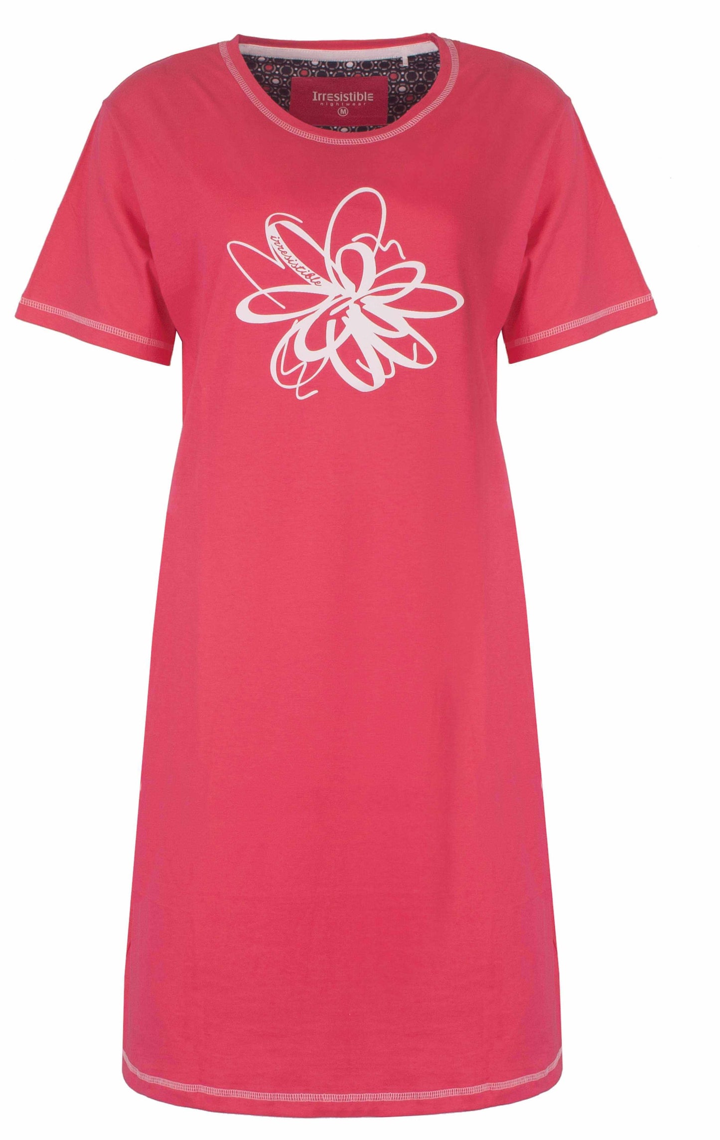 Rood nachthemd met korte mouwen, witte bloem print op de borst, merk Irresistible