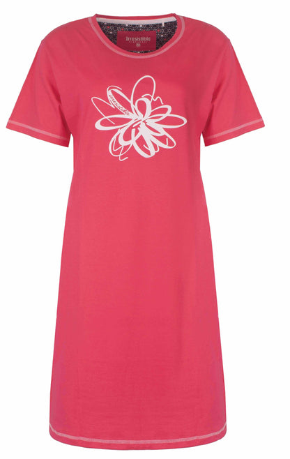 Rood nachthemd met korte mouwen, witte bloem print op de borst, merk Irresistible