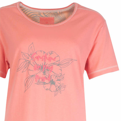 Roze nachthemd met grijze bloemenprint en 'Sunshine' tekst. Korte mouwen en ronde hals.