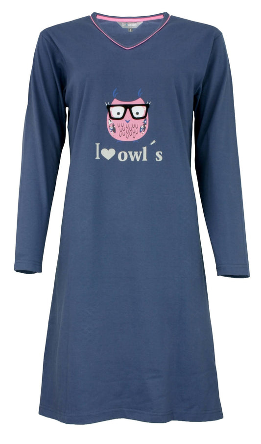 Blauw dames nachthemd met lange mouwen, V-hals en roze uil met bril print. Tekst 'I love owl's' op de voorkant.