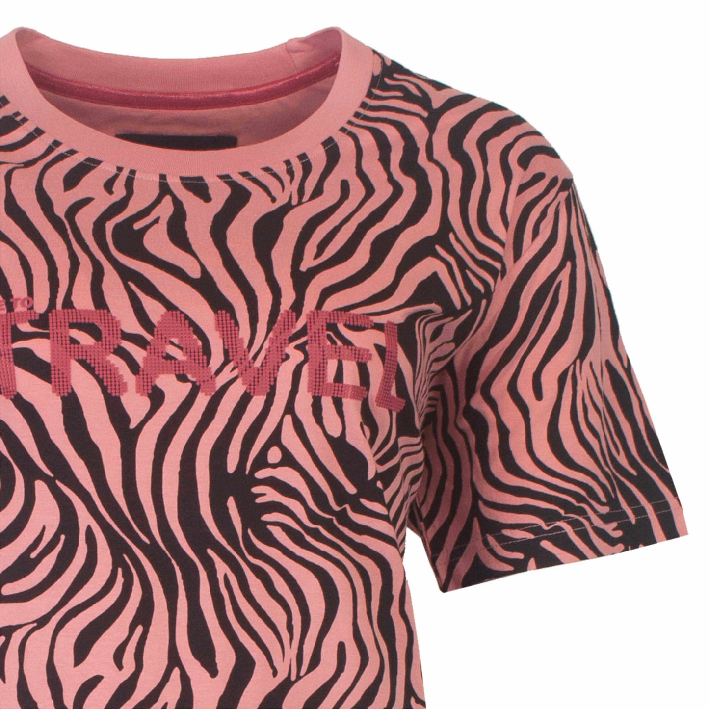 Roze nachthemd met zwart zebrapatroon en korte mouwen. 'RAVES' in roze letters op de borst.