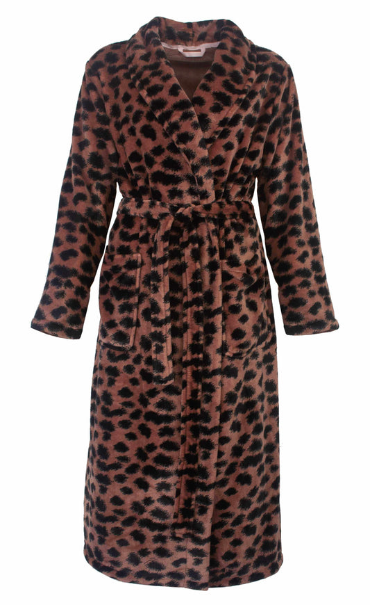 Lange fleece ochtendjas met luipaardprint in bbruin. Wrap-stijl met ceintuur en lange mouwen.