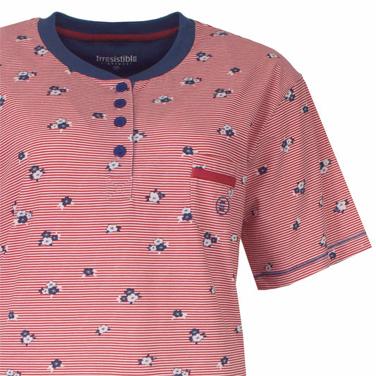 Rood-wit gestreepte pyjama top met blauwe bloemenprint en blauwe knopen, merk Irresistible