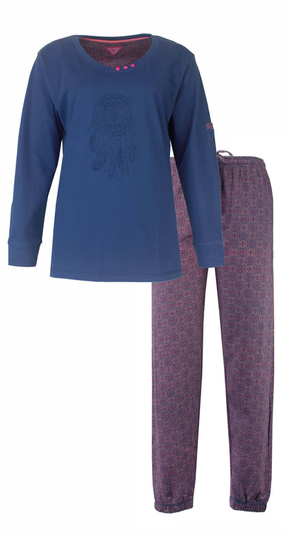 Blauwe katoenen pyjama set met lange mouwen en flock print, bijpassende broek met patroon
