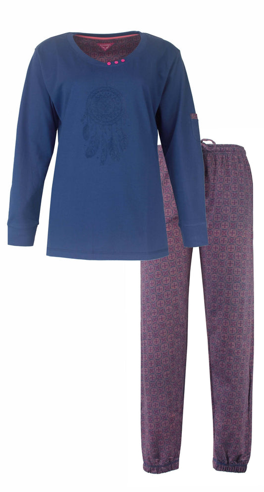 Blauwe katoenen pyjama set met lange mouwen en flock print, bijpassende broek met patroon