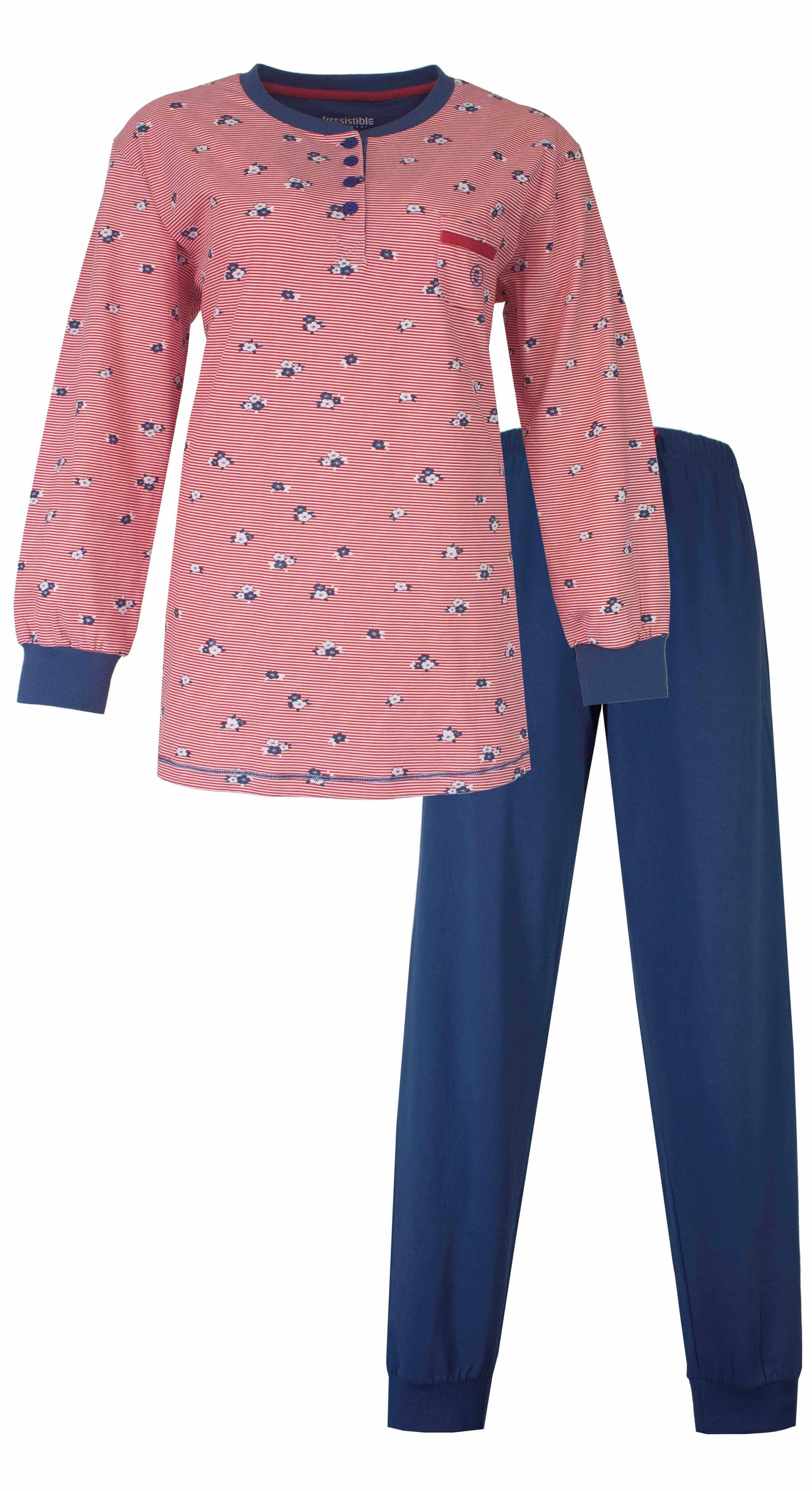 Dames pyjama set met roze gestreept shirt met bloempatroon en blauwe broek broek