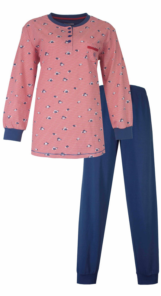 Dames pyjama set met roze gestreept shirt met bloempatroon en blauwe broek broek