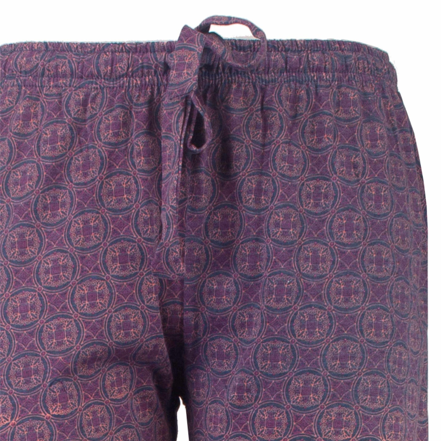 Blauwe pyjamabroek met paars patroon van cirkels en geometrische vormen, elastische tailleband met koord