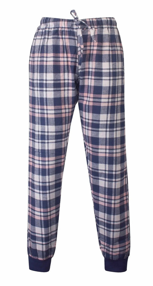 Geruite pyjama broek in blauw, roze en wit met elastische tailleband en manchetten aan de enkels.
