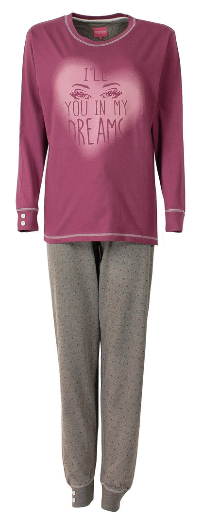 Donkerroze pyjama set met top print 'I'll you in my dreams'. Grijze broek met stippen en elastpatroon.