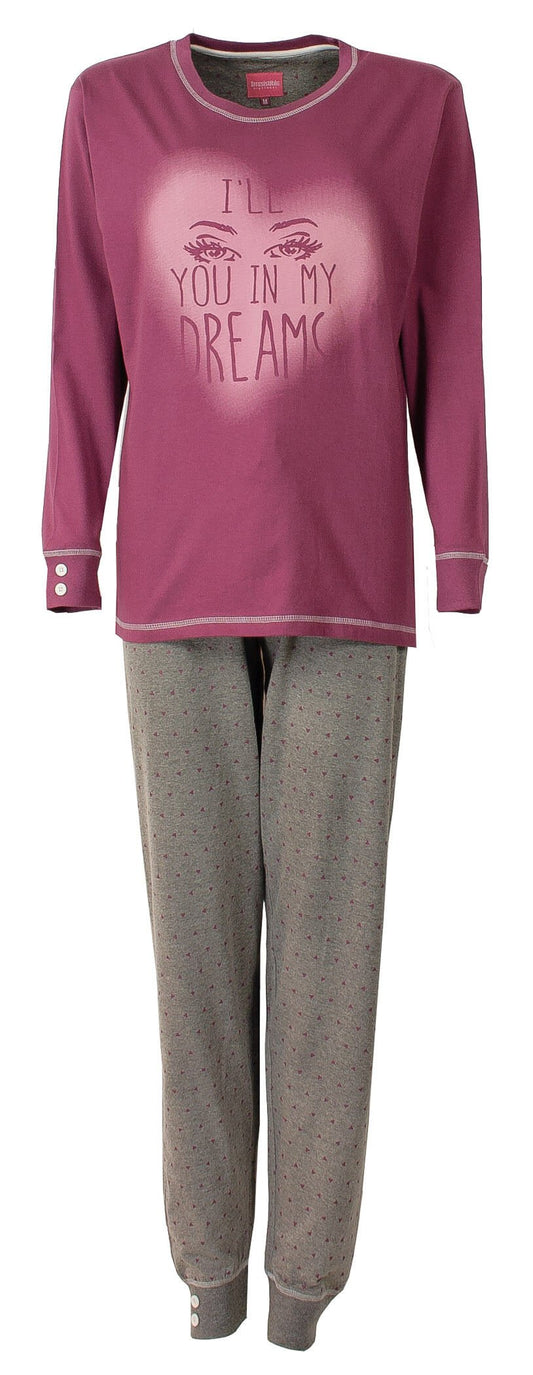 Donkerroze pyjama set met top print 'I'll you in my dreams'. Grijze broek met stippen en elastpatroon.