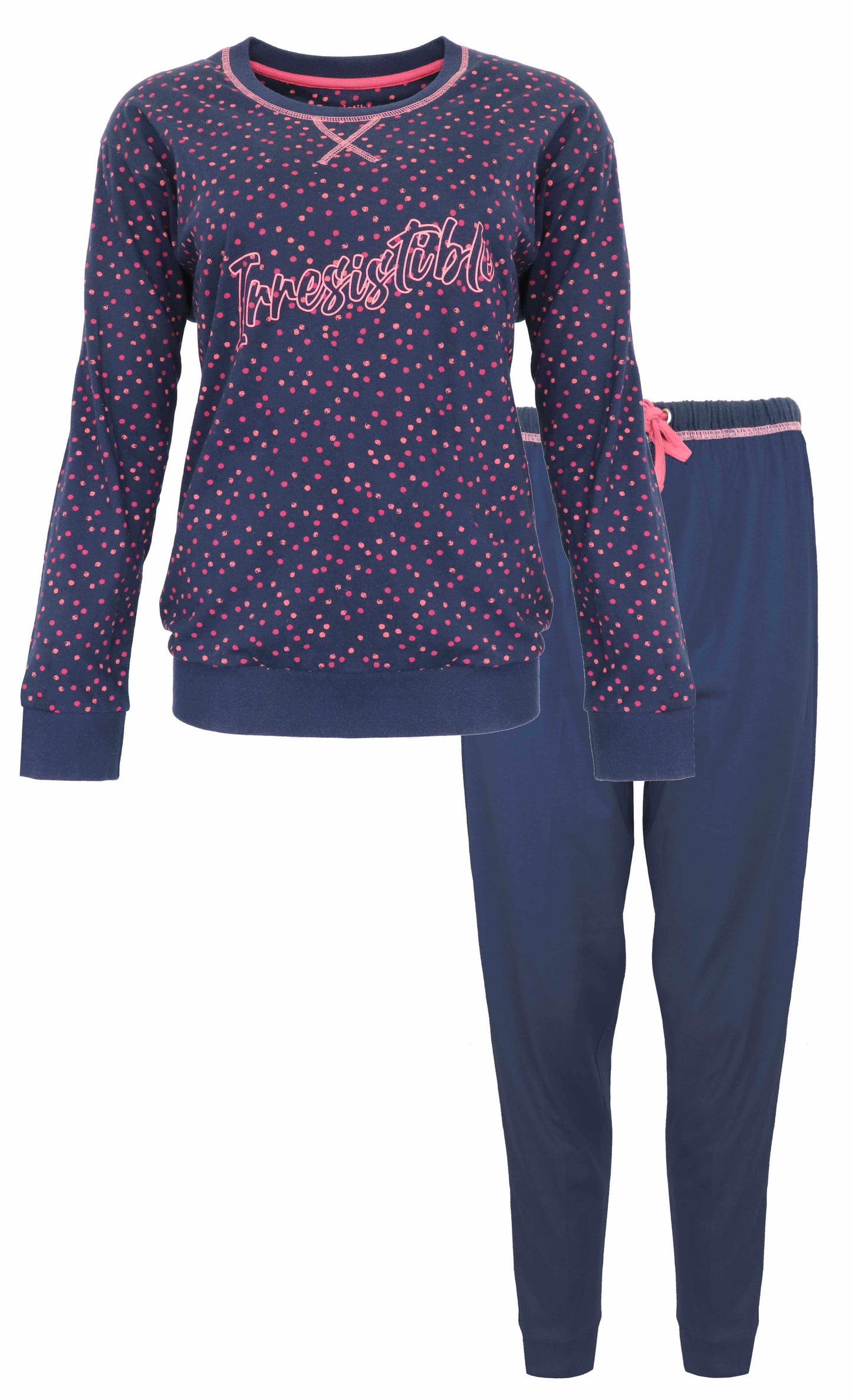 Donkerblauwe dames pyjama met roze stippen en 'Irresistible' opdruk, lange mouwen en bijpassende broek