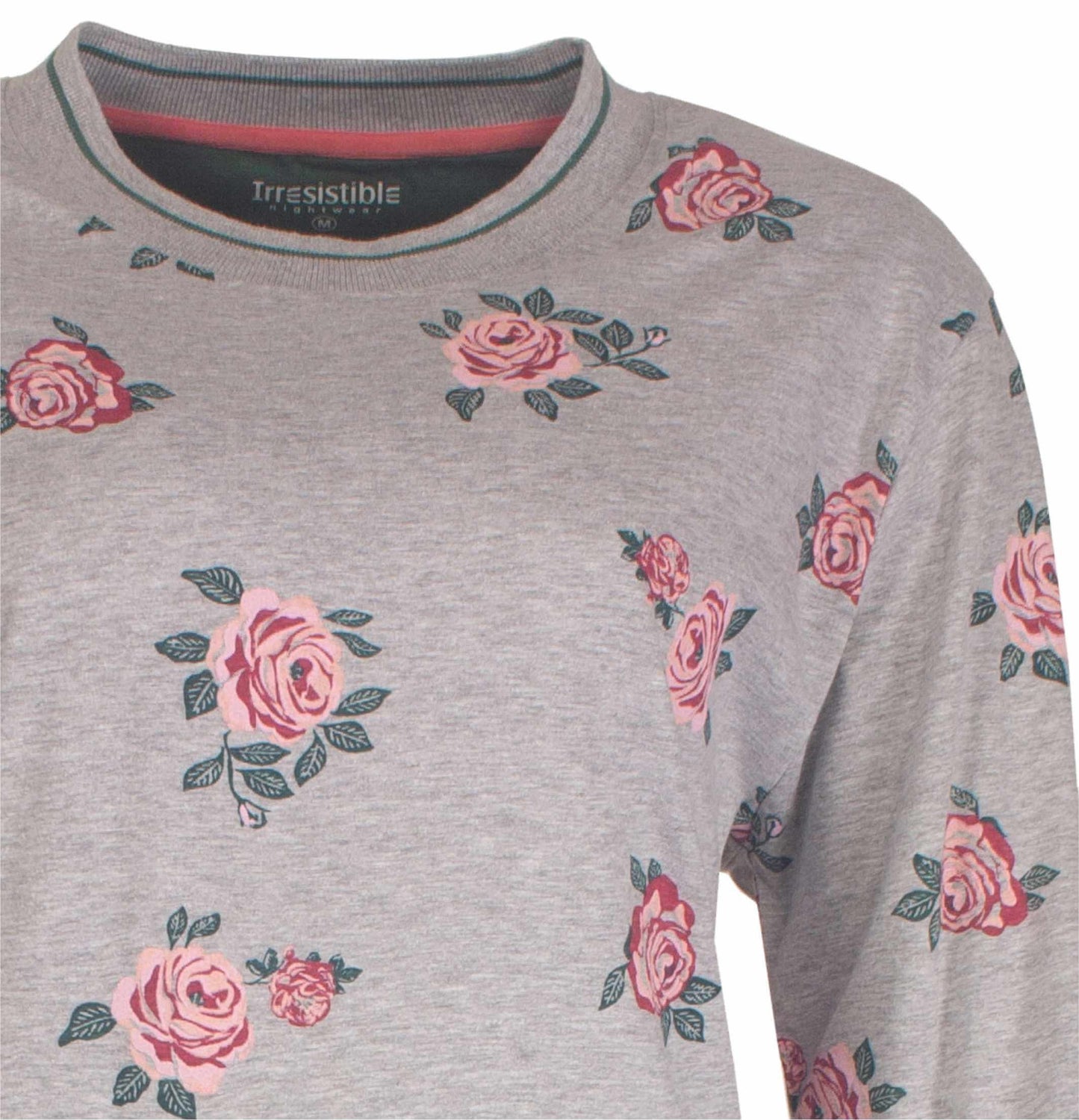 Grijze dames pyjama met roze rozenprint, ronde hals met groen accent, merk Irresistible zichtbaar op label