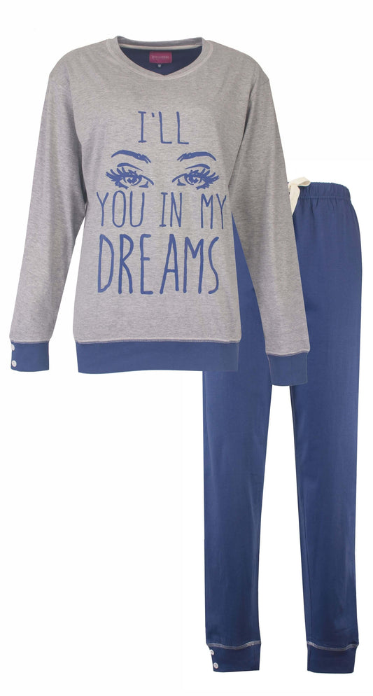 Grijze katoenen dames pyjama met lange mouwen. Top met blauwe print 'I'll you in my dreams' en bijpassende blauwe broek.
